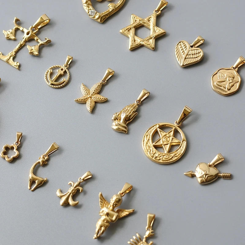 18K Gold Plated Waterproof Jewelry Accessories Stainless Steel Charms Heart Starfish Angle Crab Key Pendants for DIY Necklace