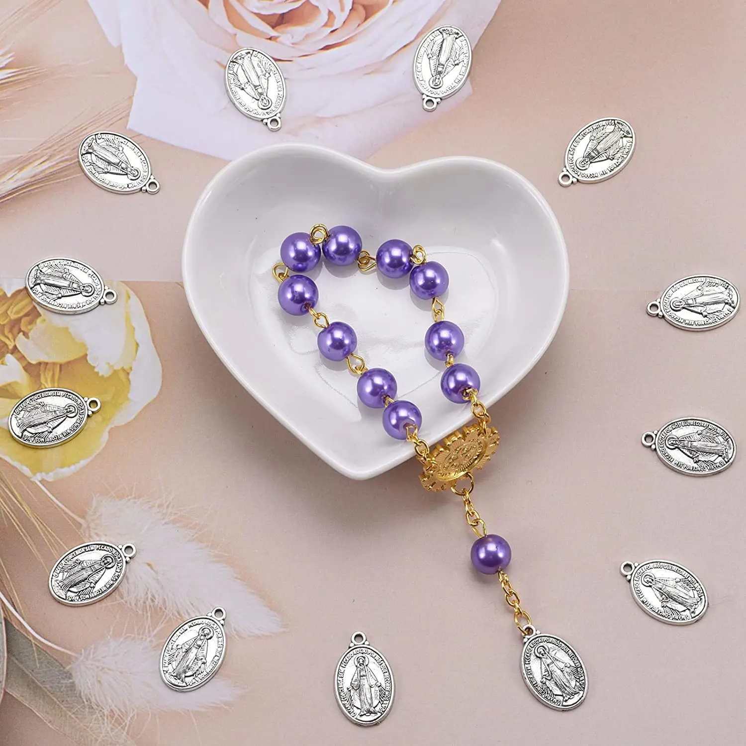 60pcs Our Lady Miraculous Medal Floral Rosary Centerpiece Cross Jesus Virgin Mary Catholic Alloy Crucifix Charms12mmx20mm