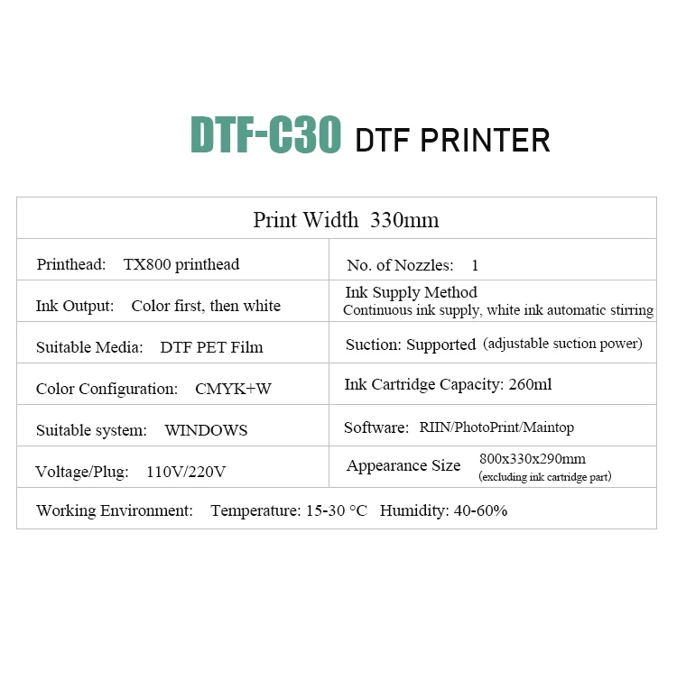 Factory direct Dtf Inkjet Printer Tx800 A3 Heat Transfer Printing Machine Direct To Film Dtf Inkjet Printer 30cm