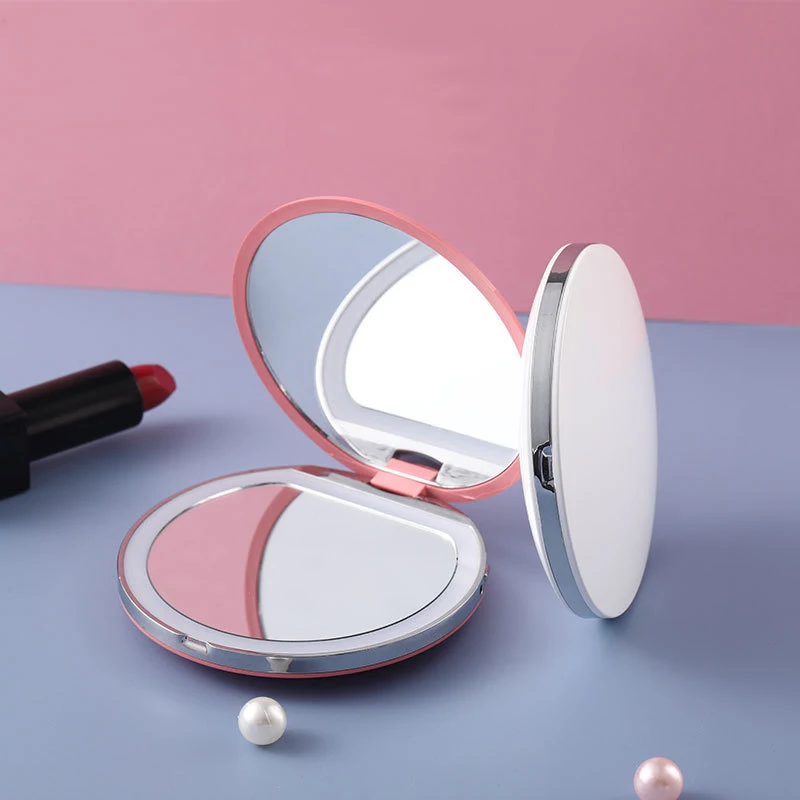 Private Label Cosmetic Handheld Makeup Mirror Round Folding Portable LED Vanity Mirror For Women