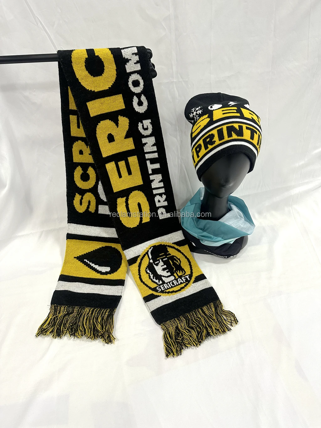 Winter Beanie Hats with  pom pom ball on top and Customized own design trophy star yellow blue Scarf  Set