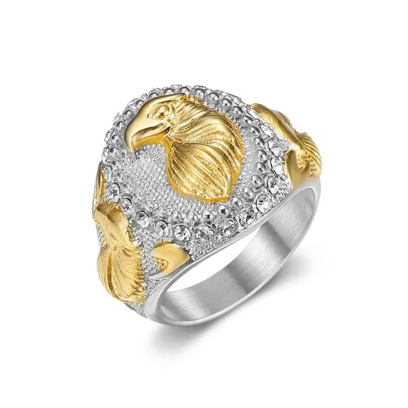 Wholesale Cheap Tarnish Free Punk 18k PVD Gold Plated Hip Hop Titanium Steel Gold Two Tone Crystal Eagle Band Ring For men