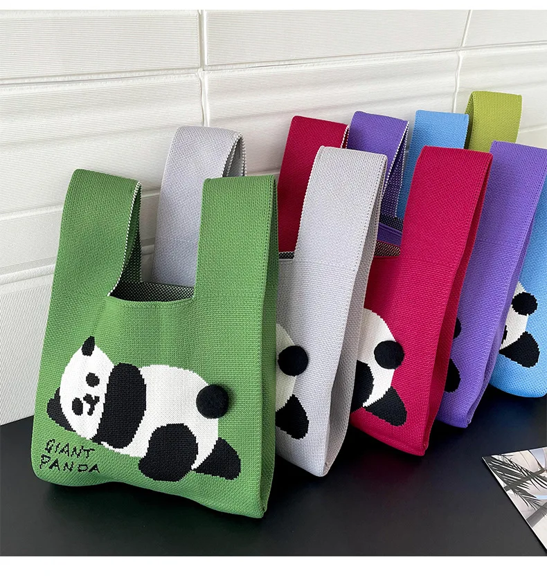 Portable wrist knitting phone key storage woven pouch fashion panda pattern giveaway gift knit tote bag