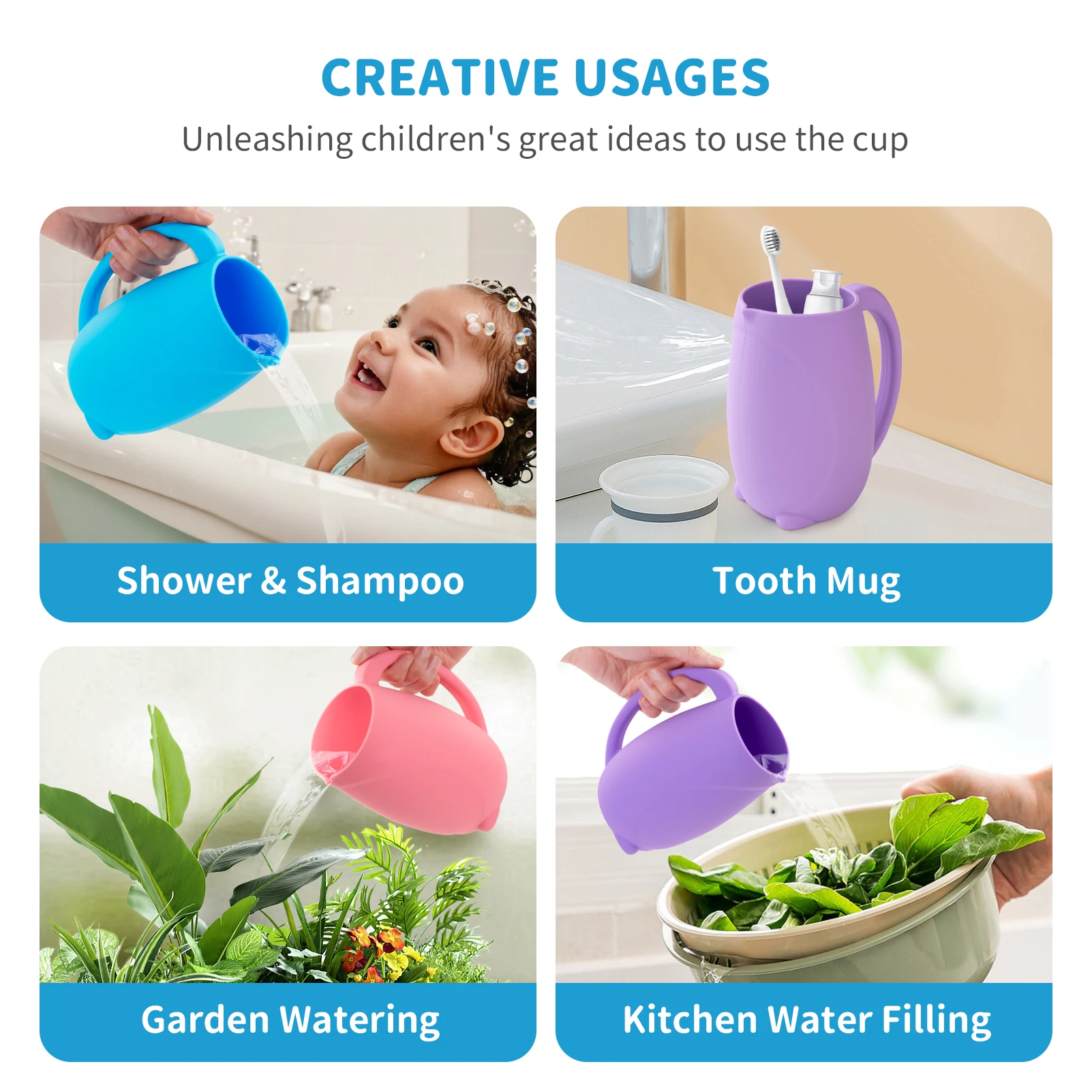 Baby Bath Rinse Cup for Rinsing - Shampoo & Body Washing Rinser Cup Bathing Scoop for Infants with Handle(Penguin-Blue)
