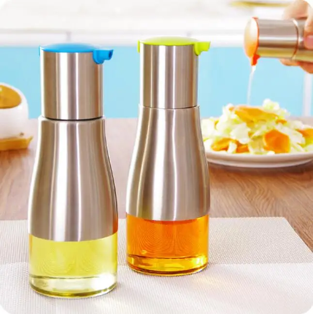 2021 Stainless Steel Olive Oil Bottle Glass Cruet Vinegar Bottle Oil Bottle Leak Proof Oiler Spice Jar