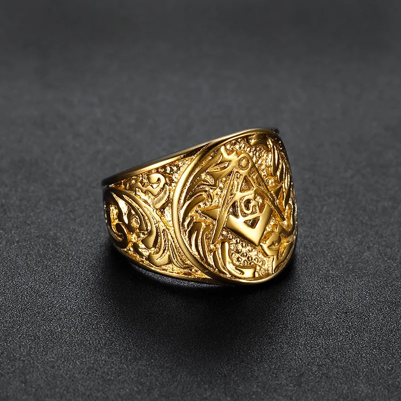 Masonic Vintage Embossed Punk Waterproof 18K Gold Plated Stainless Steel Non Tarnish Fashion Jewelry Rings Male Mens Man