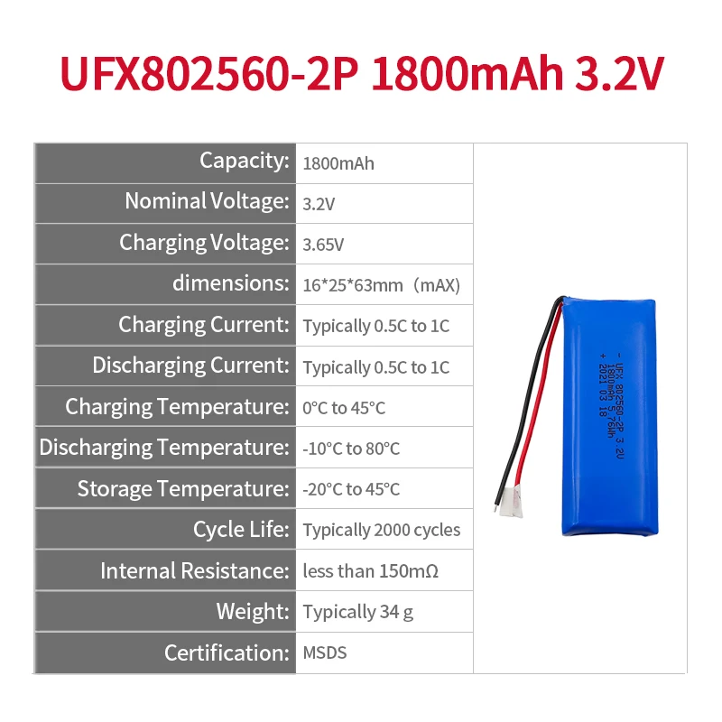 China Lipo Cell Factory Wholesale High Quality Massager Battery UFX 802560-2P 1800mAh 3.7V Lipo Battery Pack