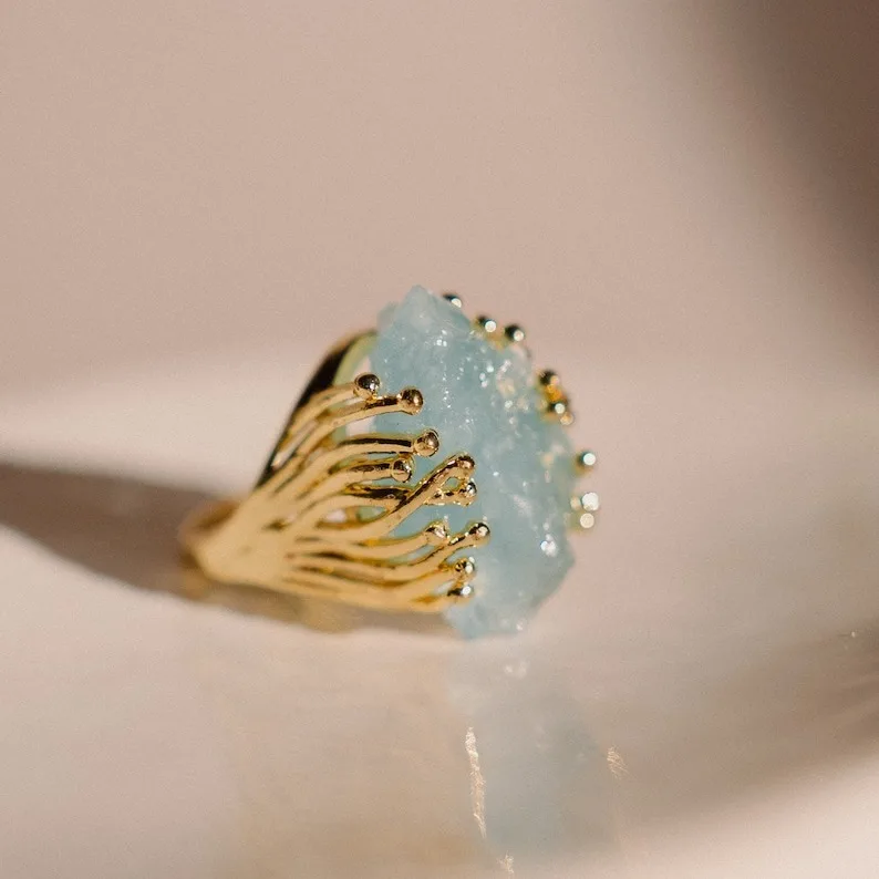 Yoga Spiritual Gemstone Druzy Raw Stone Aquamarine Rings