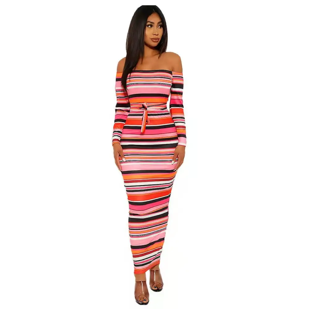 European and American fashion striped print long-sleeved tube top dress