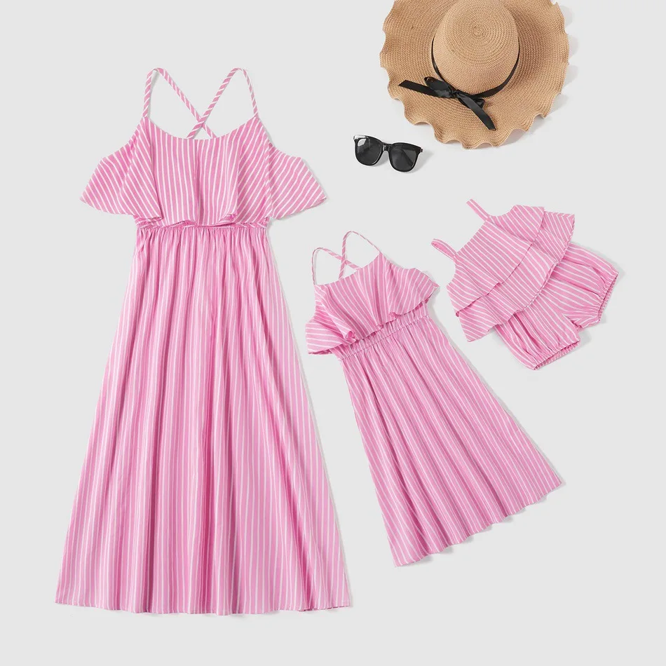 
Cool Family Matching 3-Piece Set Clothing Outfits clothes Mother Daughter Girls Sleeveless Stripes Dress Babies Romper 