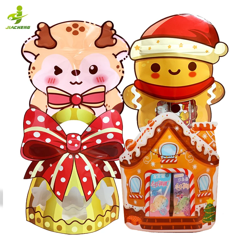 Custom reusable plastic packaging holiday style funny shape ziplock mylar bags snack sweet candy gift christmas bags with zipper
