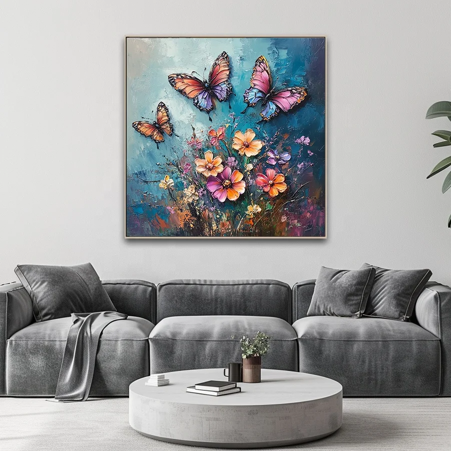 Custom Modern Hot Selling Oil Paintings Butterfly Backside Hand-painted Brush Flowers Canvas Art Prints For Hotel Projects
