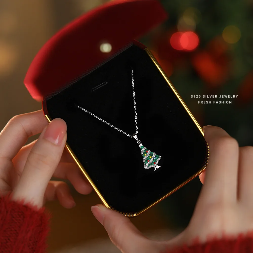 Silver Chain Plated Gold Necklace S925 Sterling Silver Colorful Zircon Christmas Tree Necklace Christmas Gift for Girls