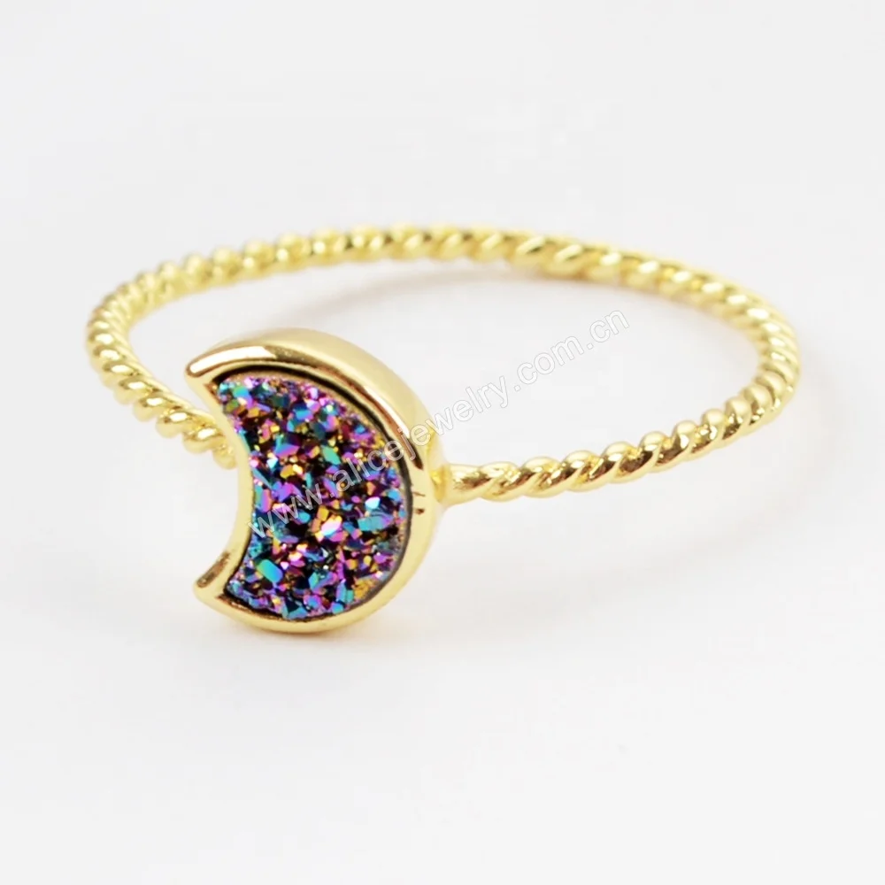 ZG0295 Hot Sales Crescent Gold Plated Natural Agate Titanium Rainbow Druzy Bezel Ring Moon Ring Jewelry