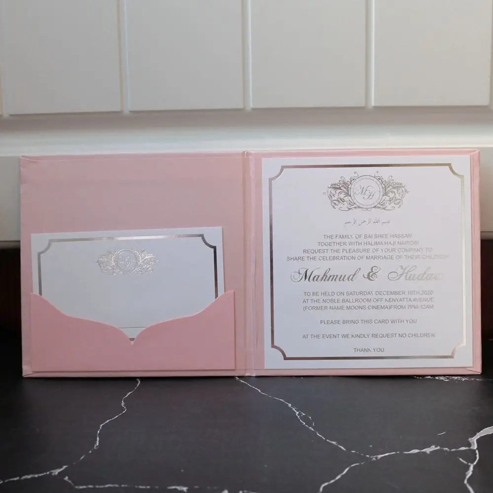 Square size blush pink wedding invitation hardboard with small cards