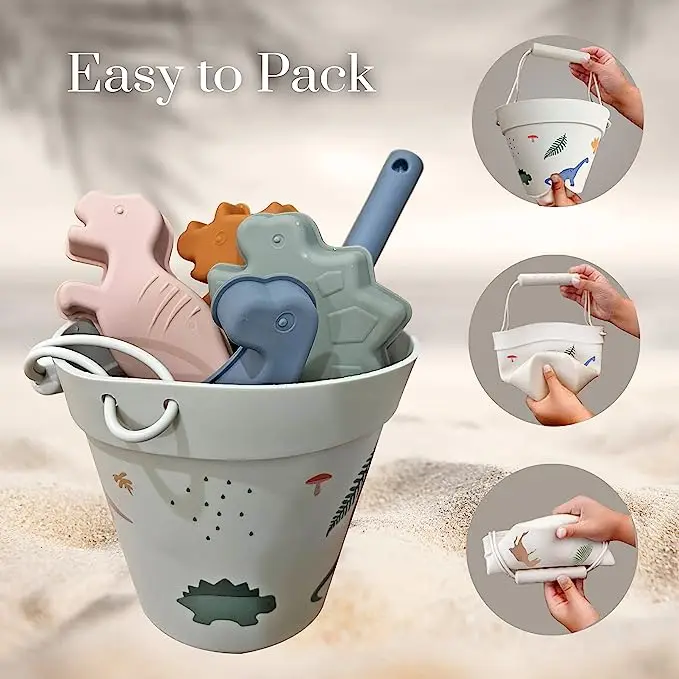Modern Baby Travel Friendly Sand Beach 7pcs Set Toys Kids Bucket Shovel Bag 3D Marine Theme Molds Toddlers Silicone Beach Toys