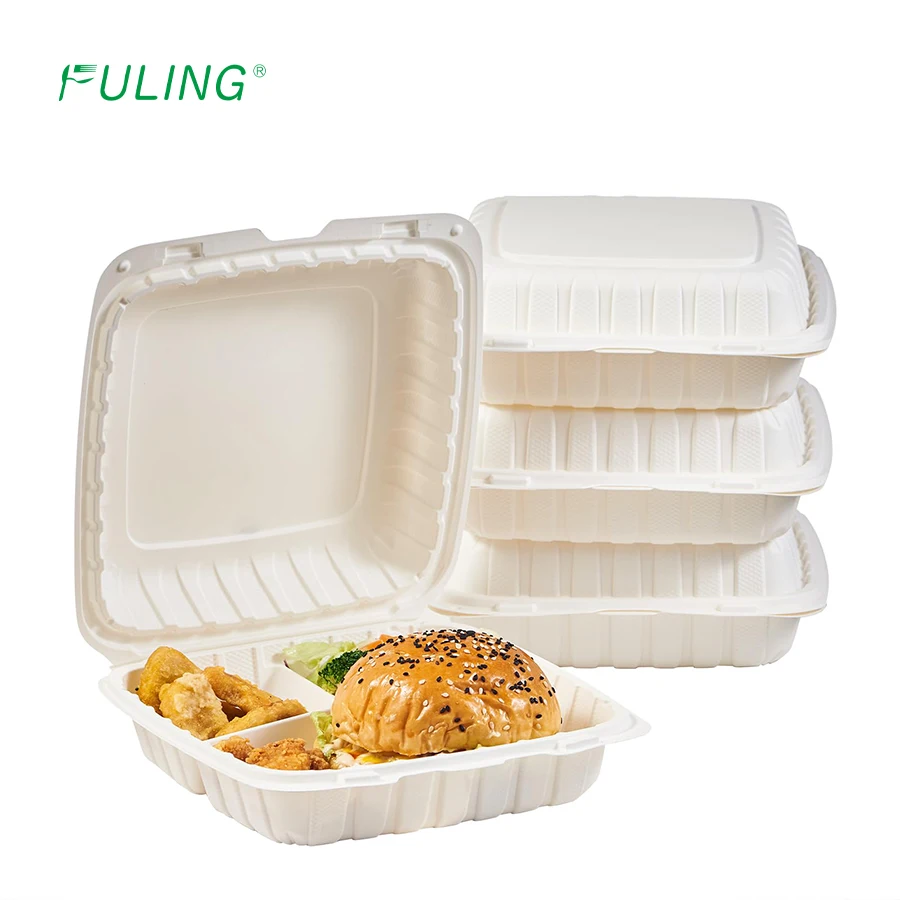FULING Restaurant 9x9 inch 3 compartment MFPP Hinged Container r Disposable Eco Friendly Clamshell Takeout Food Container