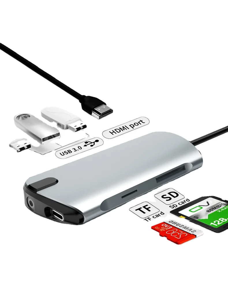 8 In 1 Type C PD  5G USB 3.0 4K 2K 1080P HDM1 3.5mm Audio Hub Support SD TF Card USB Ethernet Hub