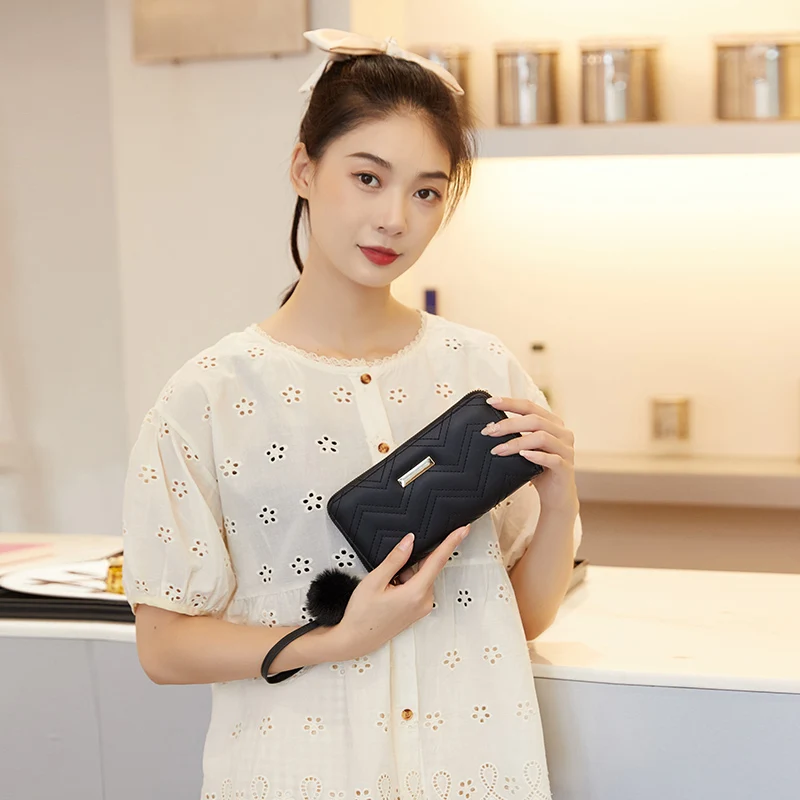 Wholesale luxury multi-card slot wallet PU leather long zipper embroidery thread large-capacity designer wallets for women