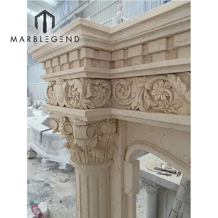 provide villa decoration service nature stone and hand carved fireplace frame freestanding Egypt beige marble fireplaces