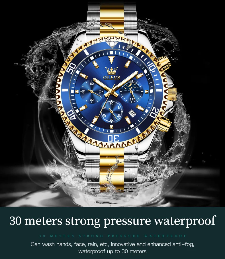 Low Price 2870 Chronograph Luminous Analogue Crescent Steel Wrist Custom Wholes Waterproof Moon PhaseDate Men quartz watch