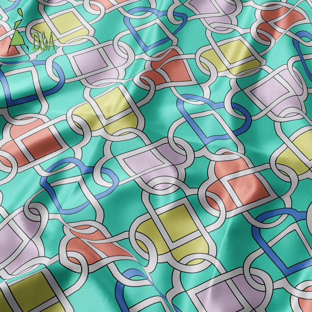 Soft Blue Love Link Pattern Printed Silk Fabric With Lurex 100 Pure Silk Fabric For Dresses