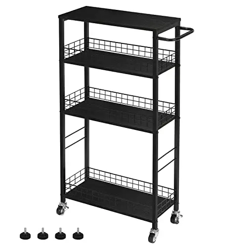 4 Tier Mobile Narrow Slim Storage Cart Metal Handle Kitchen Rolling Utility Cart on Wheels