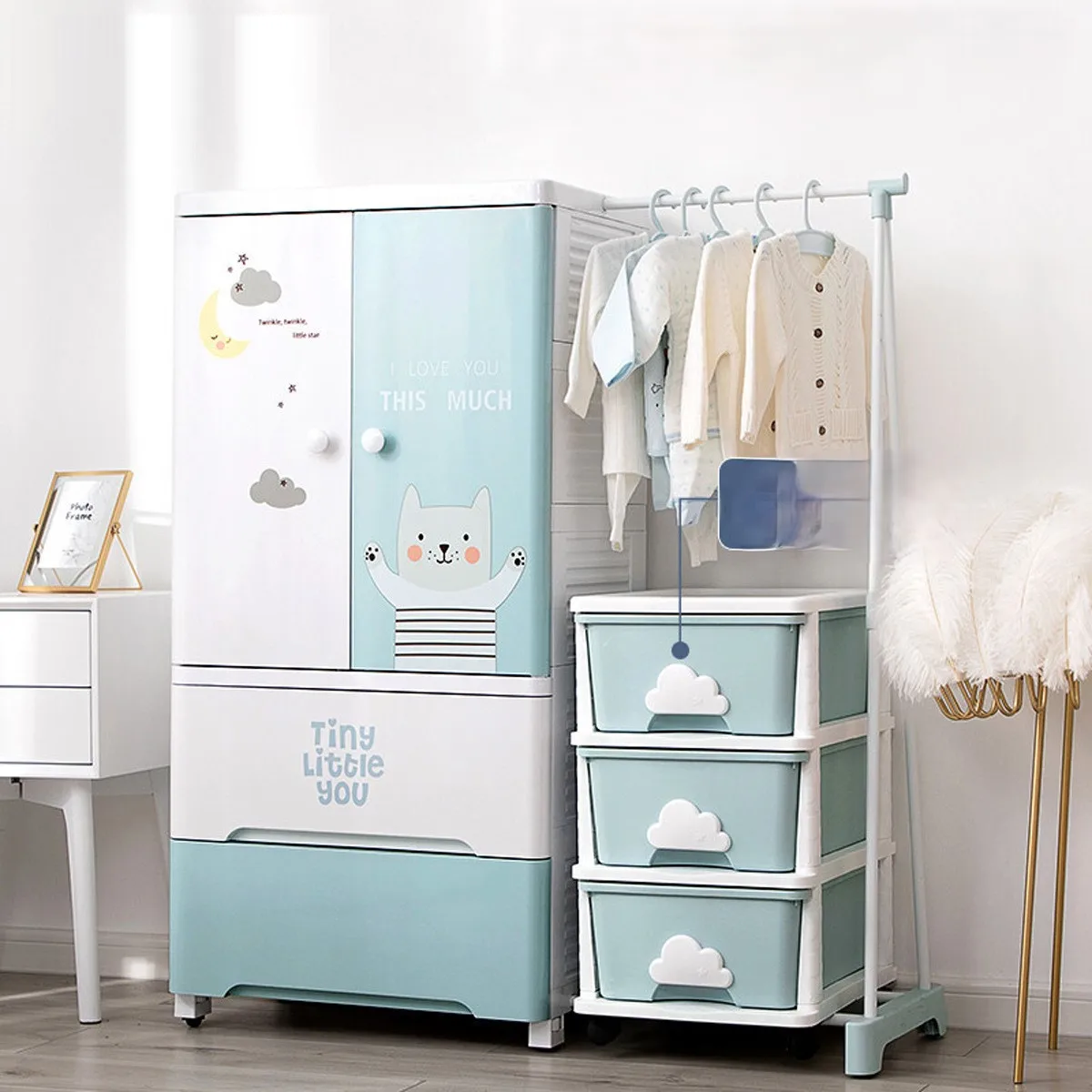 Double door baby cartoon wardrobe household plastic thickened simple storage cabinet for storage Storage cabinet