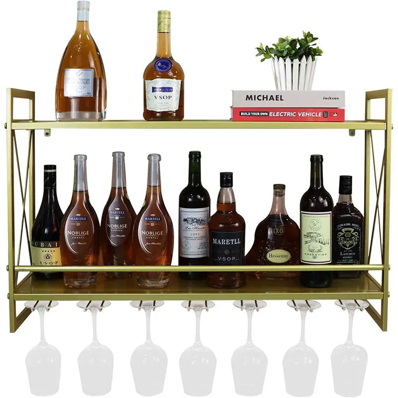 Wine Bottle Racks Hanging Wine Holder Industrial Wood Wall Mounted with 8 Stem Glass Rustic Metal Buckets