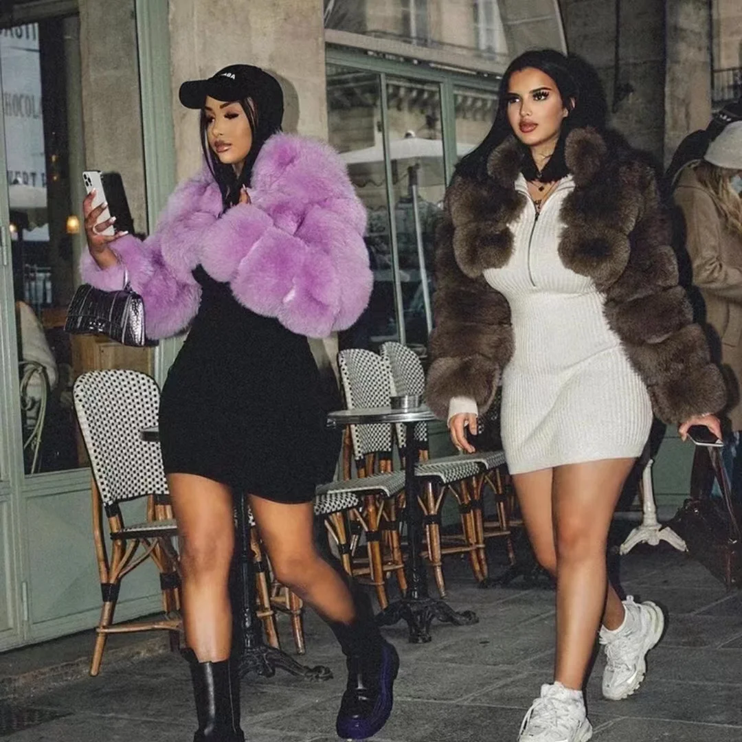 Quick Shipping Real Fur Fluffy Short Style Women Fashionable Hooded Fox Coat