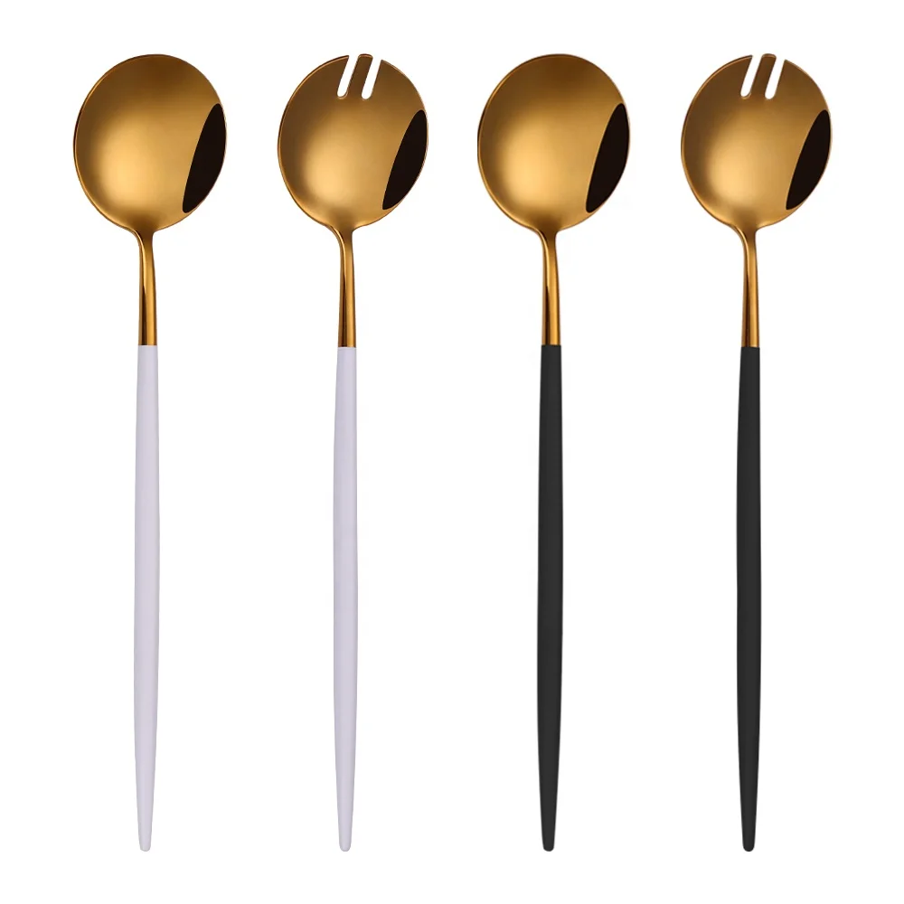 luxury glossy gold long handle salad serving spoon and fork 18-10 stainless stainless durable salad mixing utensil cutlery set