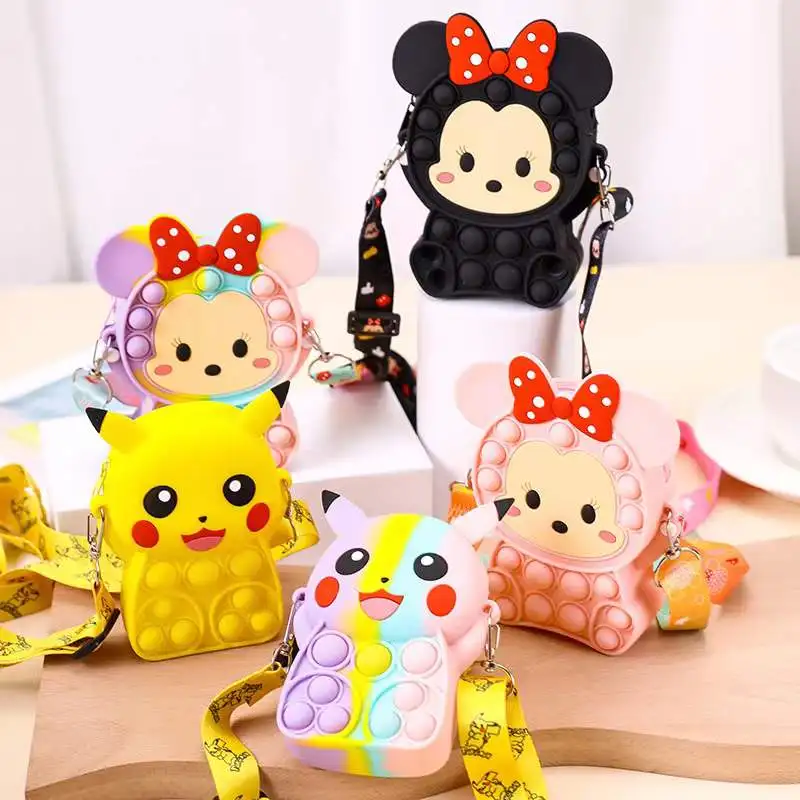 Rainbow minnie mouse coin mini bag silicon kids fidget it bubble pikachu minnie mouse popping purse for girls