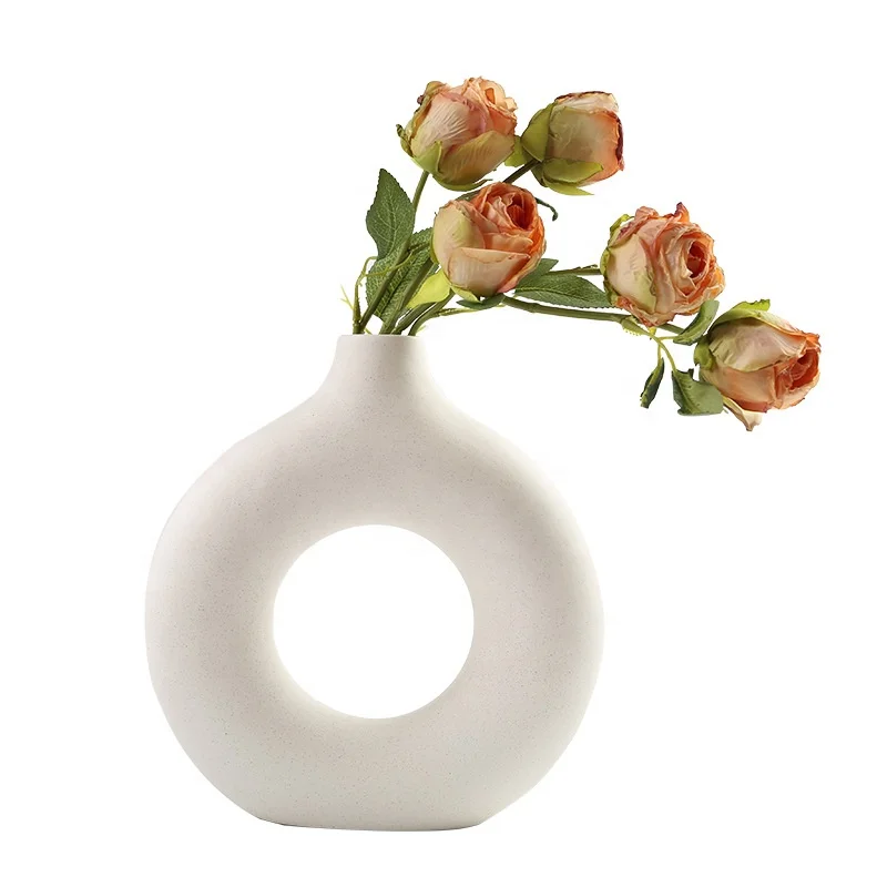 popular doughnut  shape    Matte stoneware circle ceramic art vase Handmade flower vase