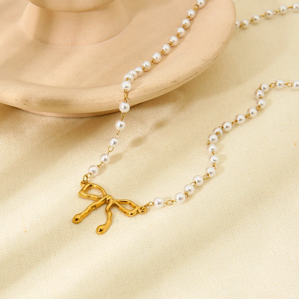 Nice Design Metal bowknot Charms Pearl Chain Ribbon Bow Pendant Necklace