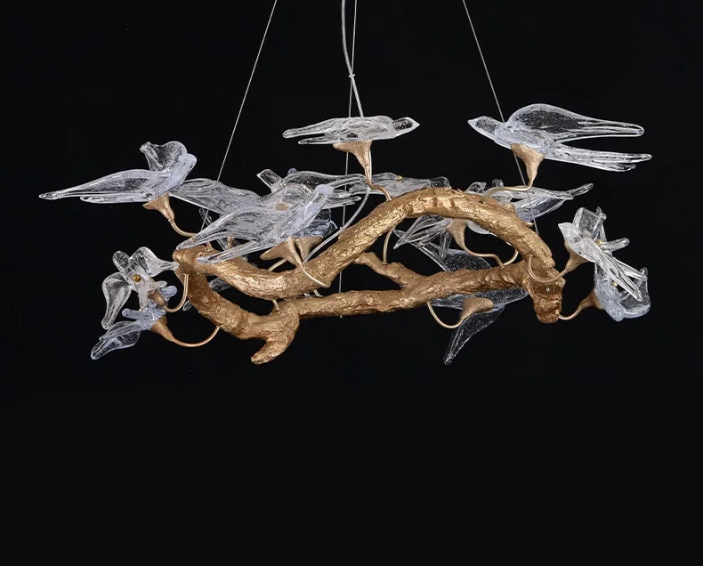 Swallow Copper Branch Living Room Chandelier Hotel Villa Dining Room Bedroom Art Bird Glass Chandelier Light