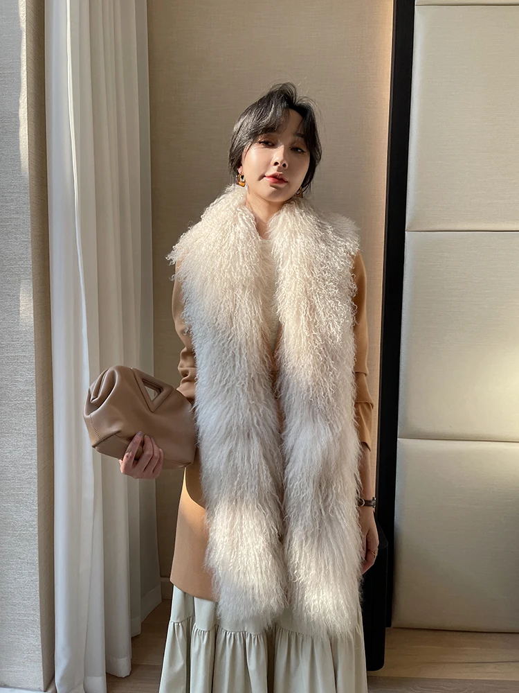 ZDFURS*  Quality mongolian fur Tibet sheep fur scarf Double-Sided Whole skin  Fur Collar  long Thickened
