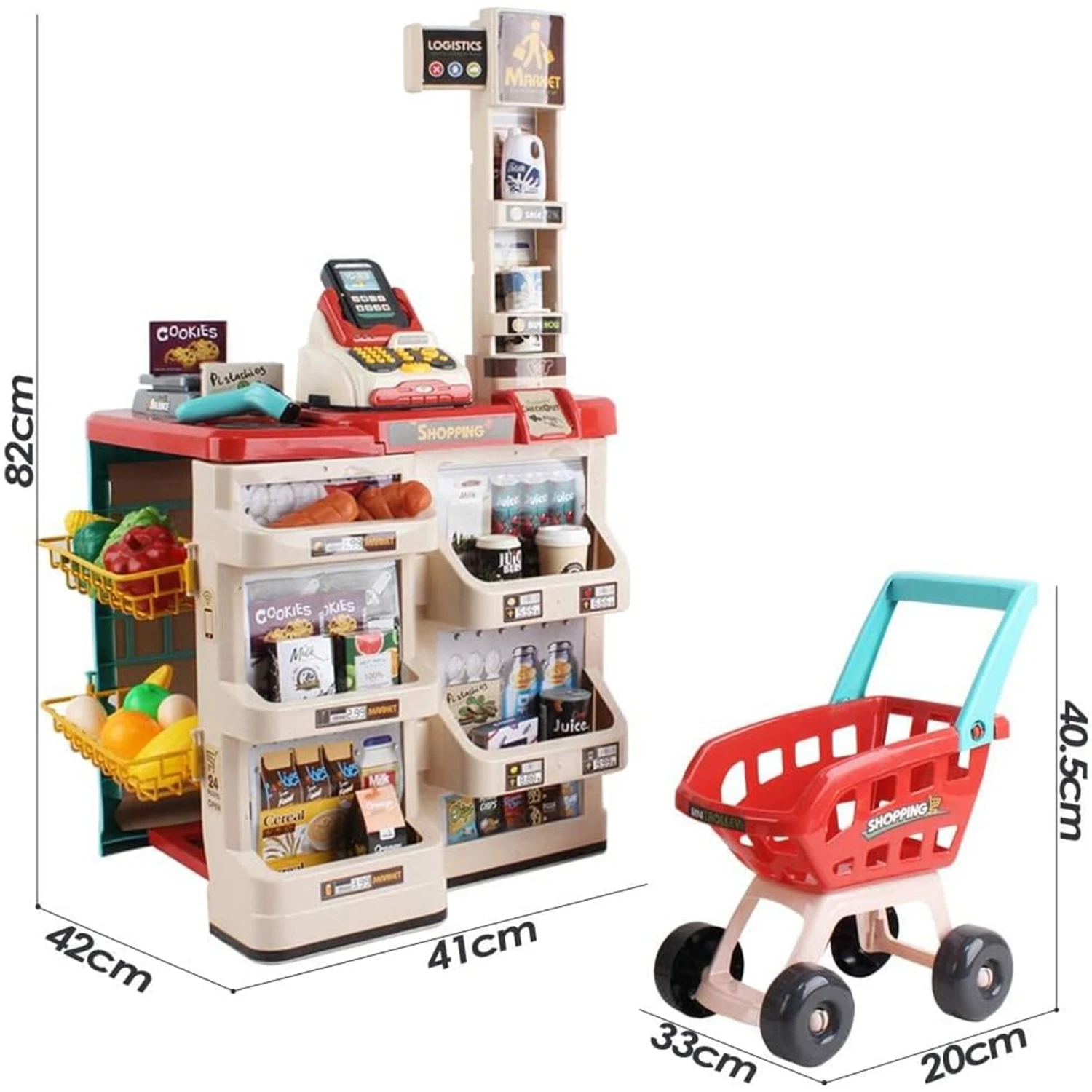 48PCS Supermarket Play Set Kids Grocery Store Pretend Play Role Market Stall Toy Shop with Shopping Cart Cash Register Toys