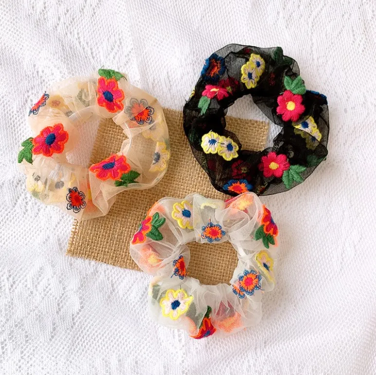 Rubber Band Rope Elastic Girls Scrunchies Ponytail Holder Leaf Embroidery Floral Thin Mesh Hair Rope Hair Bands Ties Accessories