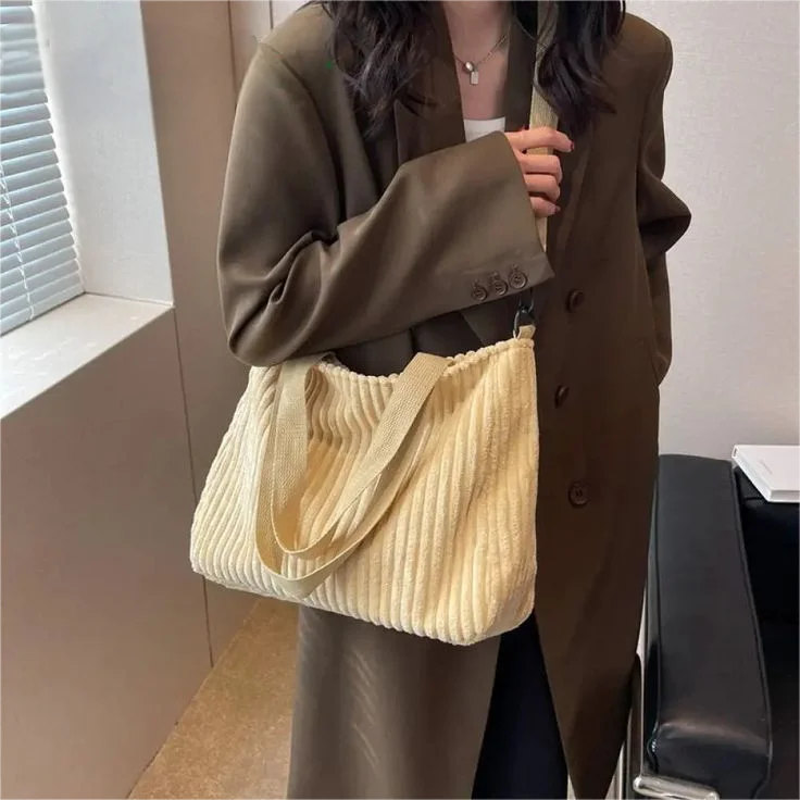 Solid Soft Large Capacity Corduroy Handbags for Women Winter Shoulder Side Bag Vintage Large Shopper Shopping Bags Zipper Totes