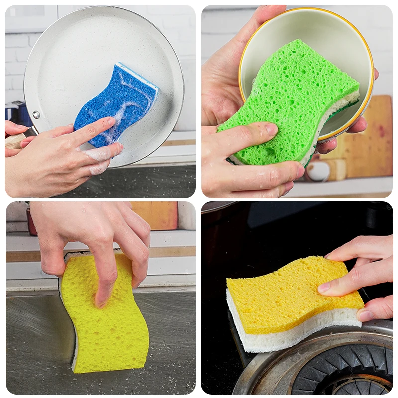 2 pack New Design Three layers Durable S Shape Cellulose Sponge Dishwashing Colorful High Foam Scrub Sponge For Kitchen Cleaning