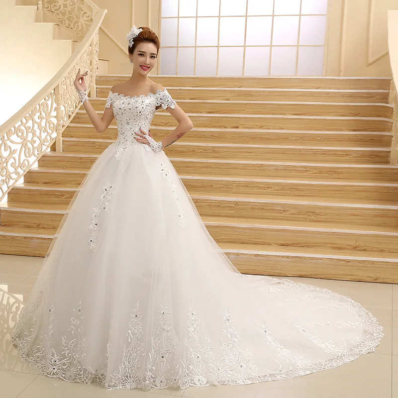 S293F 2021 New Slim One-shoulder Double-shoulder Long Tail Bride Plus Size Female Wedding Dress