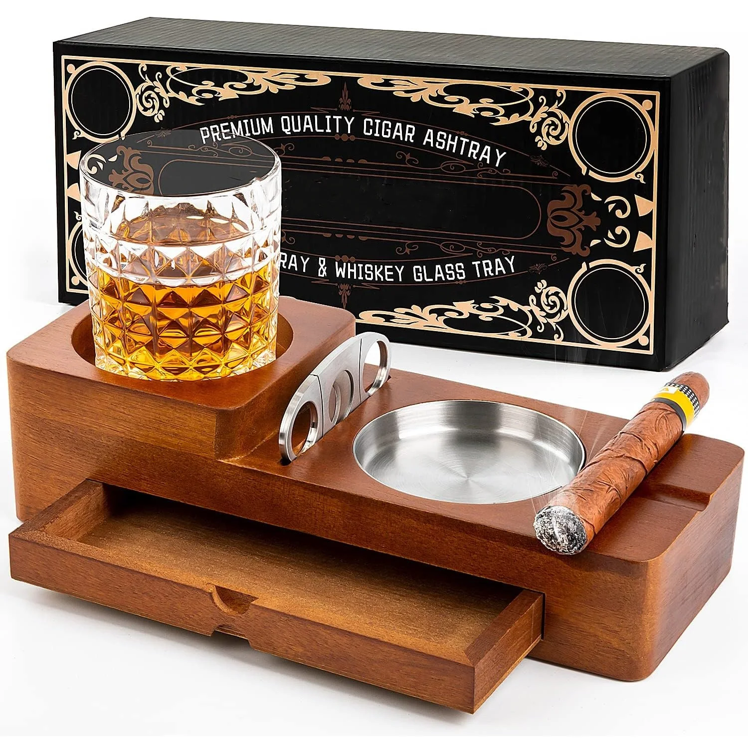 Custom logo gifts set bamboo wood cigar ashtray and whiskey glass holder