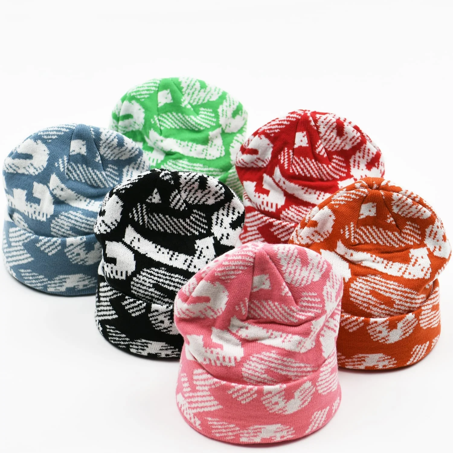 Skull fisherman beanie hats custom logo y2k streetwear jacquard all over print character graphic warm thick knit hats