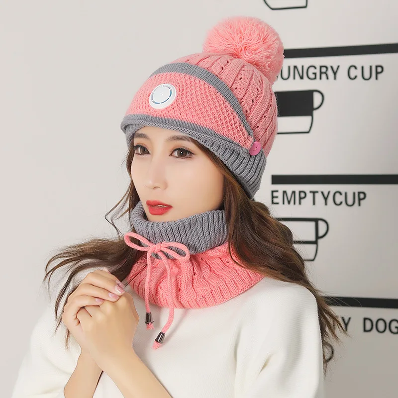 Wholesale woolen knitted hat for women, fashionable and warm in autumn and winter, versatile plus fleece hat and scarf set