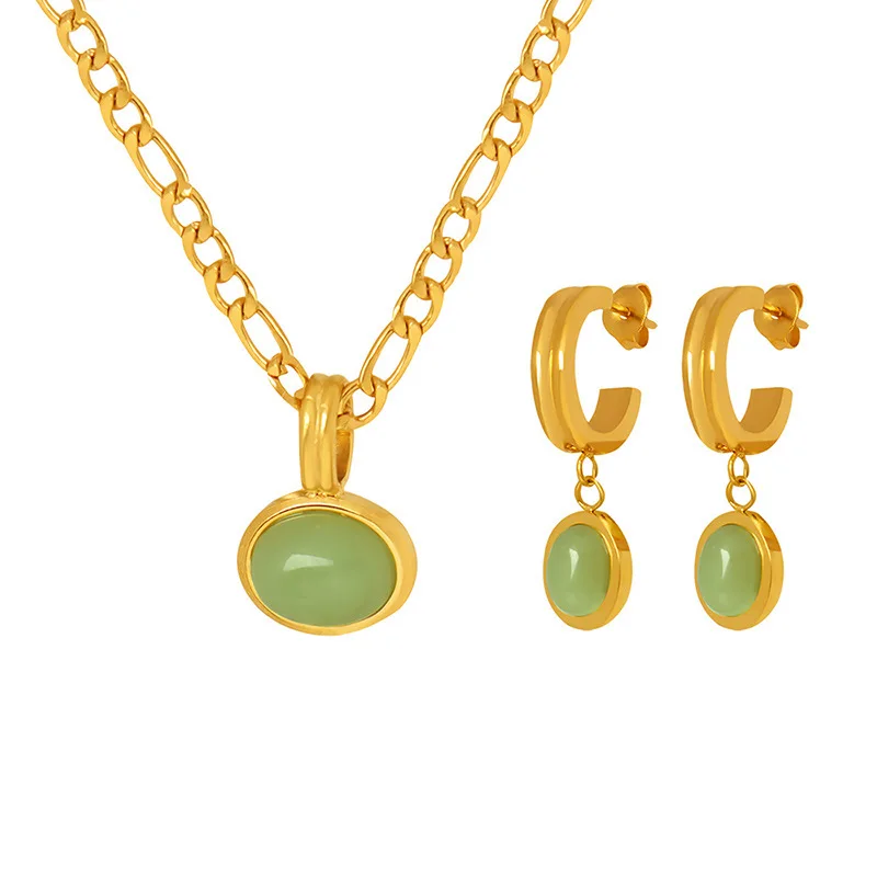 Natual Stone Stainless Steel Jewelry Sets 18k Gold Figaro Chain Pvd Plating Cc Hoop Earrings Green Agate Pendant Necklace Women