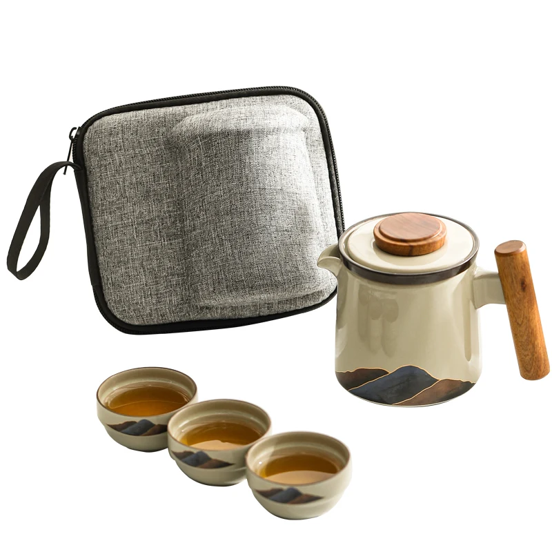 Chinese Grey Porcelain Travel Tea Set Portable Quick Cups with Infuser One Pot Three Cups for Outdoor Coffee