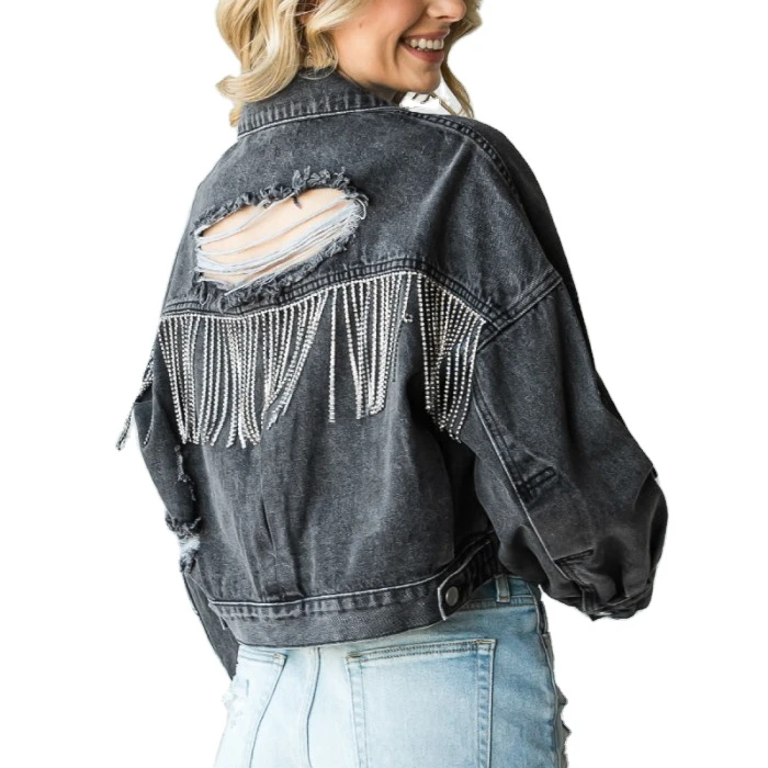 New Arrival High Quality Hollow Tassel Rhinestone Crop Denim Jacket Back Fringe Large Ripped Jeans Jacket For Women