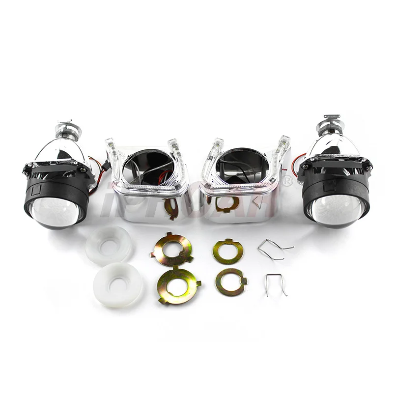 iPHCAR  35W High Low Beam HID Bi Xenon Projector Lens with  LED Light Guide Angel Eyes Shroud Kit for 12V Automobile Headlight