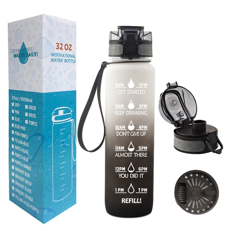 Sports Fitness Water Bottle With Custom Logo 1000 ML BPA FREE Motivational Plastic Water bottle 32 oz Drink Gym Water Bottle