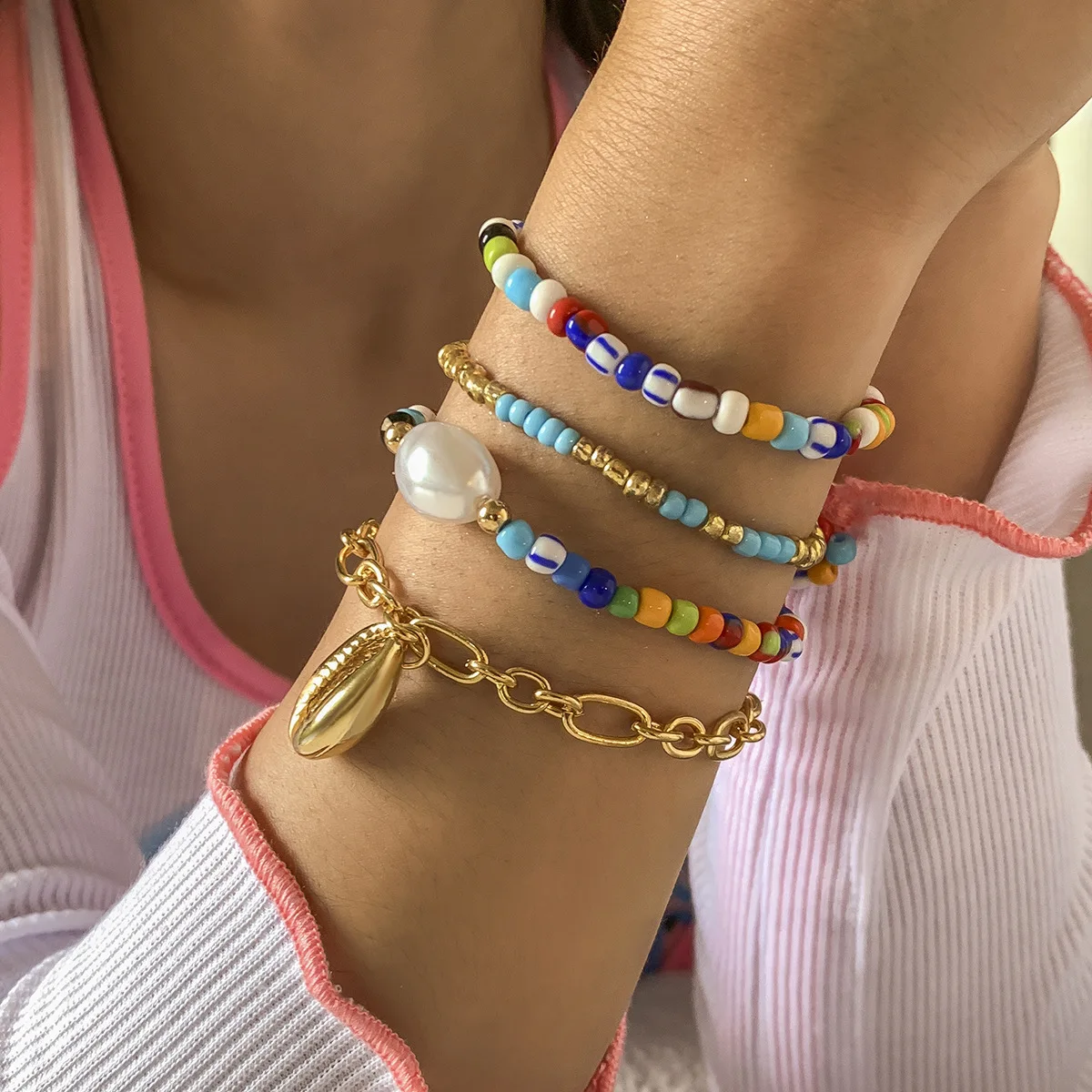 Dropshipping Designer Charms Woven Bracelet Women Rainbow Seed Bead Pearl Gold Shell Dangle Bracelet Set